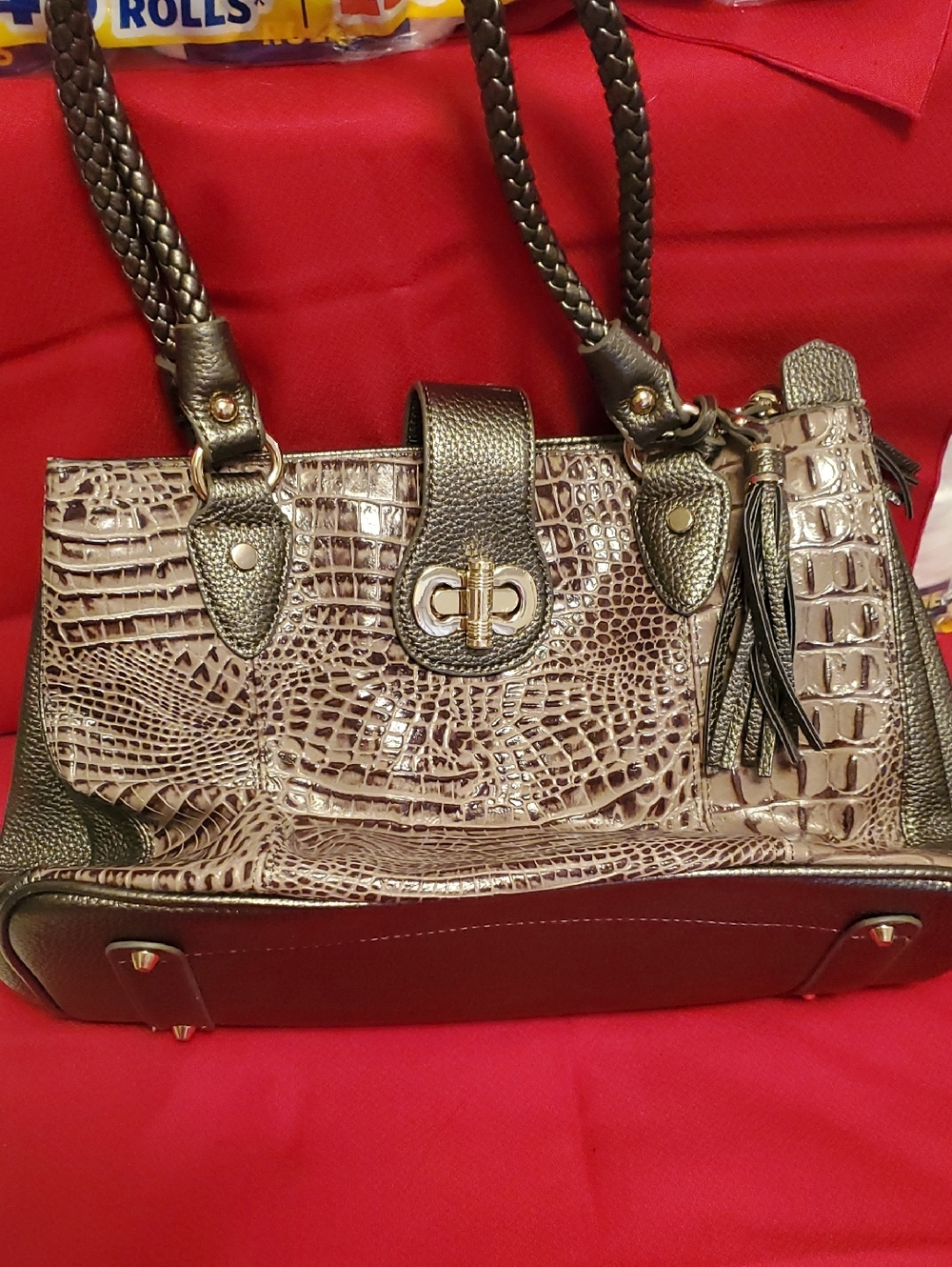 Croc-Embossed Metallic Gray Satchel with Tassel